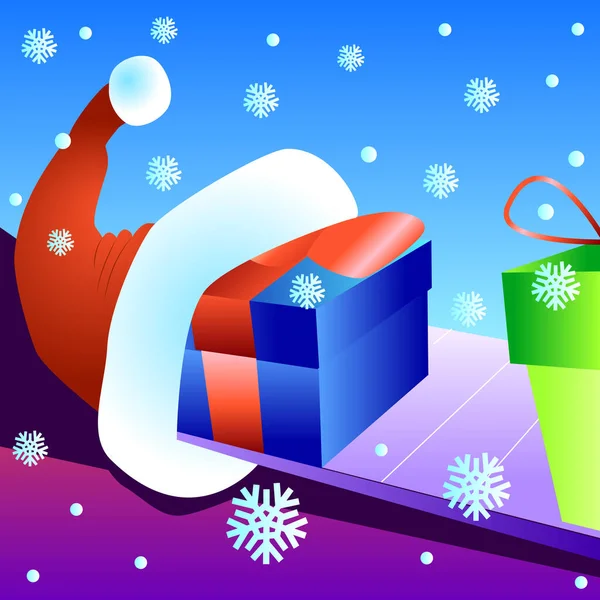 Karácsonyi Ajándékok Szállítója Piros Sapkával Havas Háttérrel Újévi Kártya Négyzet — Stock Vector