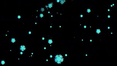 Çizgi film mavisi kar taneleri siyah ekrana dağılır. Kış, tatiller, yeni yıl ve Noel 'in etkisiyle bir animasyon. 4k içinde alfa kanallı kristallerle stok videosu.