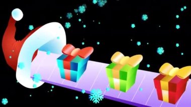 Üzerinde hediyeler ve siyah ekranda Noel Baba 'nın şapkası olan bir taşıyıcı. Noel ve yeni yıl hazırlıklarının şenlikli videosu. Sihirli bir fabrikanın stok animasyonu ve fiyonklu kutular. Alfa kanallı 4K.