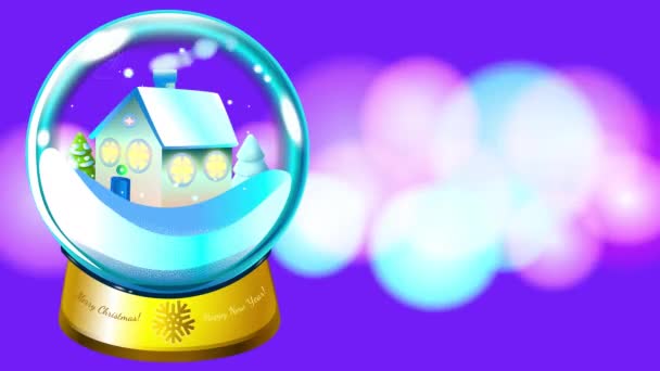 Сніговий Глобус Будинком Задньому Плані Фіолетового Фону Боке Новий Рік — стокове відео