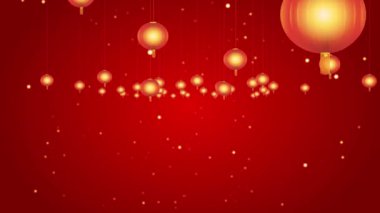 Chinese New Year background with moon lanterns and golden particles. 4k video of a looped space with decorative illumination. Looped Stock clip with the red and gold holiday back.