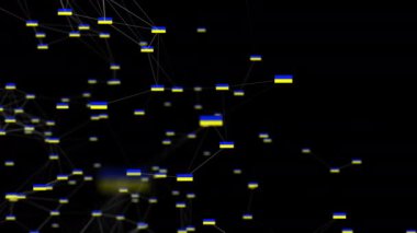 The flags of Ukraine are connected by lines on a black background. Plexus animation with yellow-blue flags in 4k. Patriotic background with space for text.