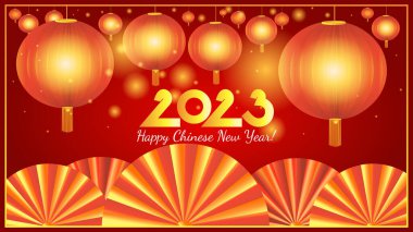 Postcard for the Lunar New Year 2023 in red and gold tones. Burning Chinese lanterns with shining particles and fans. Vector holiday illustration.
