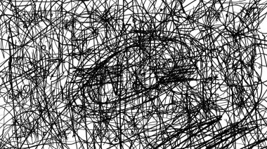 Beyaz arkaplandaki siyah çizgilerin dokusu. Tek renkli, kaotik, çocuksu, el yazısı girdaplar, şebeke, karışık spiraller ve kıvrımlı çizgiler. Siyah kalemle resimleme.