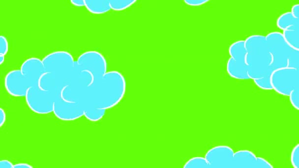 緑の画面上の漫画の青い雲 かわいい雲とのビデオ遷移 ストック効果は 自然な現象でフレームを変更します アルファチャンネル付き4Kのストックビデオ — ストック動画