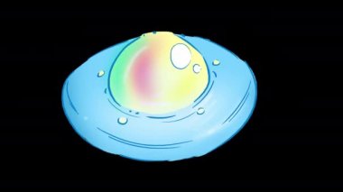 Blue flying saucer of Aliens video transition. A flying spacecraft with a rainbow glass. Cute animation for a children's blog, a kind scientific clip. Stock 4k video UFO with alpha channel.