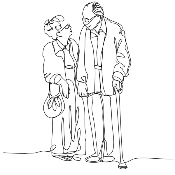 Elderly couple holding hands in one line on a white background. Grandpa and grandma are in love in a minimalist style. Stock vector illustration with editable stroke.