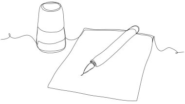 A sheet of paper, a ballpoint pen and one line print on a white background. The concept of creating and signing a document. Stock vector illustration with editable stroke.