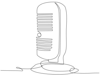 Round studio microphone in one line on a white background. The concept of audio podcast, stream, studio recording, broadcast radio. Stock vector illustration with editable stroke.