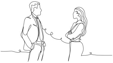 Communicating employees at work in one line on a white background. The concept of a working dialogue in a minimalist style. Stock vector illustration with editable stroke.