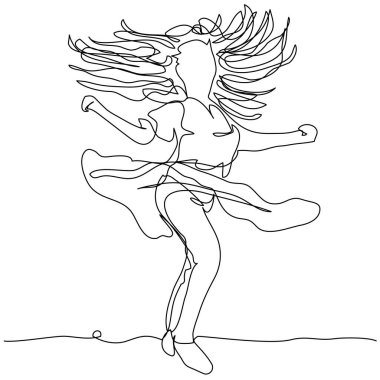 Dancing ballerina with flowing hair and dress in one line on a white background. Girl doing dancing. Stock vector illustration with editable stroke.