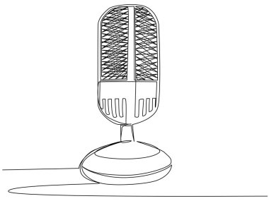 Round studio microphone in one line on a white background. The concept of audio podcast, stream, studio recording, broadcast radio. Stock vector illustration with editable stroke.