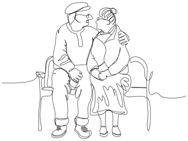 Elderly Couple Sitting Bench Hugging One Line White Background Concept — Stock vektor