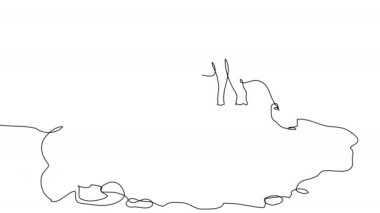 Beyaz arka plandaki bir su birikintisinde kendini çizen dinozorlar. Tarih öncesi hayvanlar kavramı. 4k 'da nesli tükenmiş dinozor türünün alfa kanallı görüntüleri..