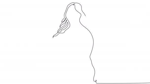 一个大的孕妇在白色的屏幕上用一条线握住她的腹部的自画像 怀孕和分娩的概念动画 通道的4K鱼群白板 — 图库视频影像