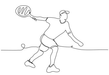 Tenis oyuncusu servis atışını beyaz arka planda tek bir çizgide yakalıyor. Tenis raketi takmış şapkalı bir adamın hisse senedi çizimi. Aktif yaşam ve spor kavramı.