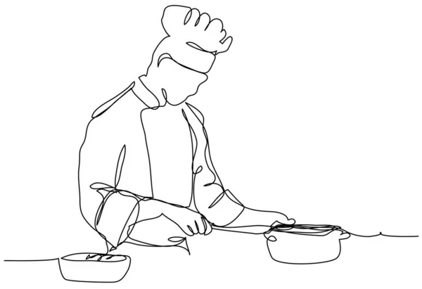 Cuoco Prepara Piatto Una Riga Fondo Bianco Illustrazione Vettoriale Uomo — Vettoriale Stock
