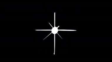 Siyah ekranda parıldayan bir çizgi film yıldızı. Parlak bir kaynağın parlaklığı kavramı. Alfa kanallı 4k stok videosu.