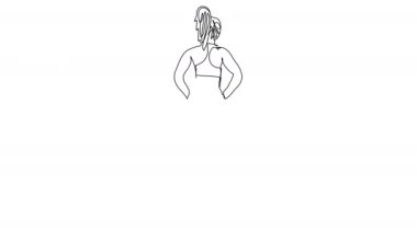 Beyaz arka planda koşan bir kadını tek sıra halinde çizmek. Dikiz aynasıyla sabah koşusu animasyonu. Alfa kanallı sağlıklı yaşam tarzı stok videosu 4k.