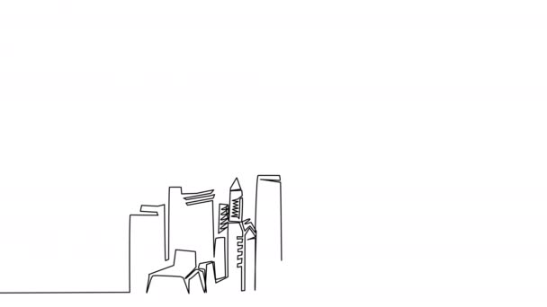 白い画面に一本の線で大都市の自画像 アルファチャンネルを搭載した4Kのマルチフロアビルのコンセプト 高層ビルの輪郭の株式ビデオ — ストック動画