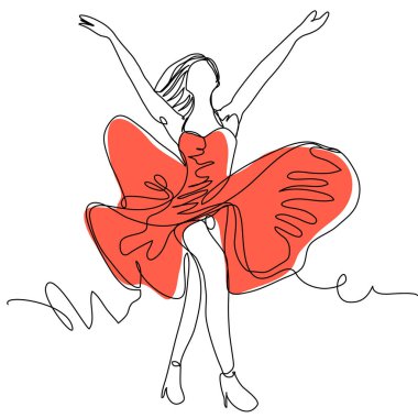 Kız, beyaz arka planda tek sıra halinde gelişmekte olan kırmızı bir elbiseyle rüzgarı yakalıyor. Kadın güzelliği ve şefkat kavramı. Haşhaş çiçeğiyle arkadaşlık. Stok vektörü.