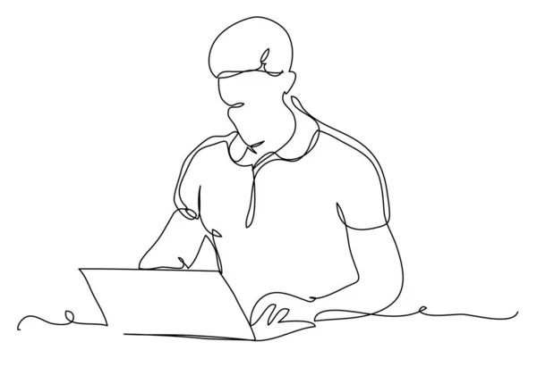 Хлопець Працює Ноутбуці Одній Лінії Білому Тлі Стокові Векторні Ілюстрації — стоковий вектор