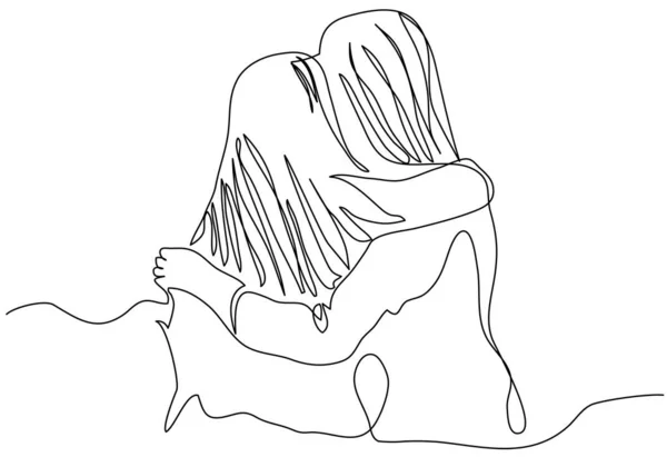 Две Девушки Обнимаются Одну Линию Белом Фоне Векторная Иллюстрация Близких — стоковый вектор