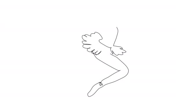 自己白の背景に1行でジャンプバレリーナを描画します チュチュのミニマリストダンサーのアニメーション ストック4Kビデオのダンスとともにアルファチャンネル — ストック動画