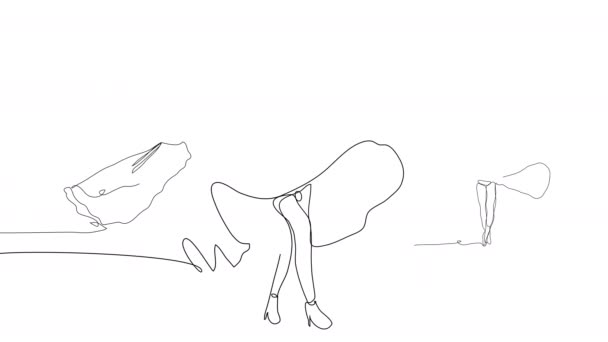 Саморисование Женщин Платьях Одну Линию Белом Экране Концепция Чародейства Альфа — стоковое видео
