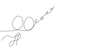 Mutlu Paskalyalar. Renkli yumurtalar ve söğüt dalları tek bir çizgi ile çizilmiş. Paskalya tatili konsepti. 4K 'da alfa kanallı Hristiyanlığın beyaz tahtası.. 