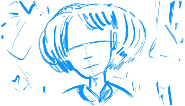 Sketch Kreskówkowy Portret Dziewczyny Fryzurą Bob Białym Tle Niebieski Marker — Wektor stockowy