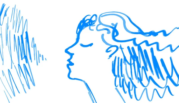 Sensual Girl Closed Eyes Curly Hair Cartoon Character Drawn Blue — Stock Vector