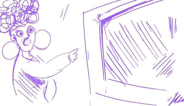 Шокированная Женщина Показывает Пальцем Экран Рисунок Испуганной Девушкой Стиле Ручной — стоковый вектор