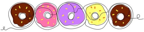 Donuts Multicoloridos Uma Linha Fundo Branco Conceito Doces Com Cobertura — Vetor de Stock