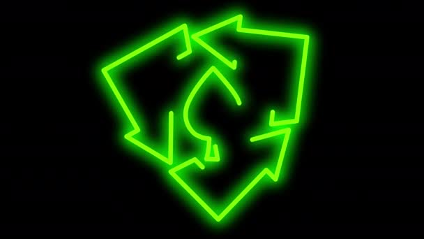 Neonowe Zielone Strzałki Liść Ekranie Flickering Animacji Recyklingu Tworzyw Sztucznych — Wideo stockowe