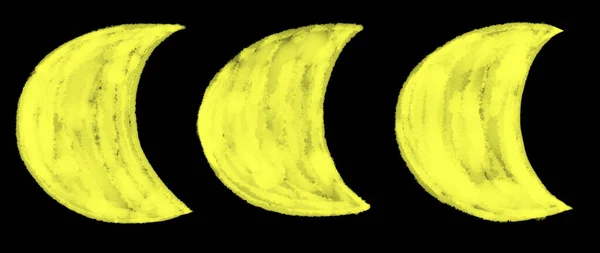 Set Yellow Watercolor Crescents Black Background Cartoon Moon Hand Drawn — Stock Photo, Image