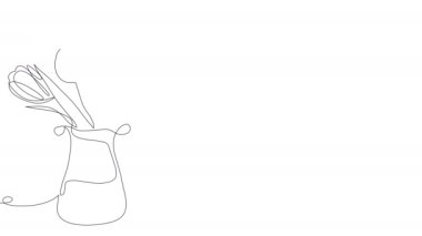 Beyaz ekran üzerinde laleler olan bir vazonun kendini çizimi. Anneler Günün kutlu olsun. 4k 'lık çiçekli alfa kanallı stok konsepti videosu.