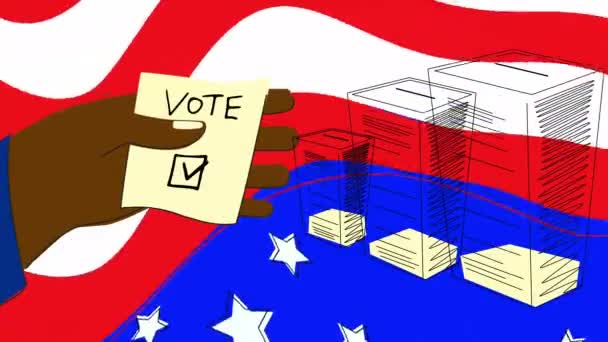 在美国选举中投票的动画 一个非洲裔美国人的手在选票上填上了一个支票记号填好的投票箱4K股政治动画 — 图库视频影像