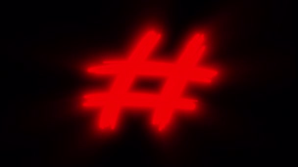 ブラックスクリーンに赤いネオンが輝くグリッドアイコンをパルスします アルファチャンネルで4Kで意味する数字と格子にサインする — ストック動画