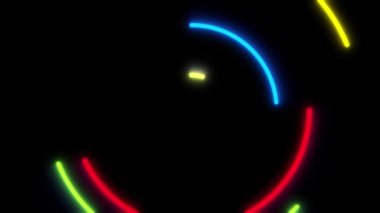 Çok renkli neon kavisler siyah ekrandaki bir tünelde çözülür. 4K 'da alfa kanalı olan bir logo ya da kanal için parlak bir giriş yap. Parlak soyut arkaplan.