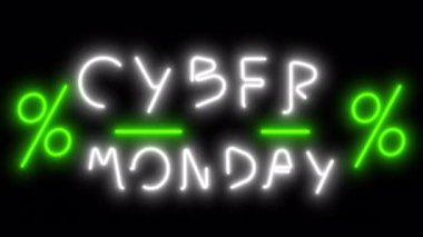 Neon Cyber Monday animasyonu. Siyah ekranda yeşil yüzdeler. 4K indirimli günü için alfa kanallı stok videosu.