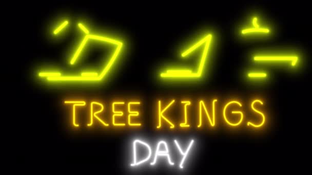 Drie Kings Day Neon Tekens Een Zwart Scherm Feestelijke Animatie — Stockvideo