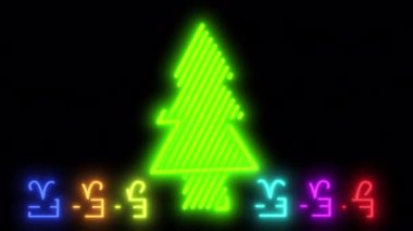 Siyah ekranda renkli hediyeleri olan yeşil neon bir Noel ağacı. 4K 'da alfa kanallı yeni yıl tatilinin stok videosu.