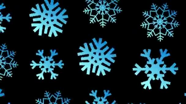 在黑屏上旋转的卡通片雪片 四千块左右的冬季背景有文字地方的圣诞空间 — 图库视频影像
