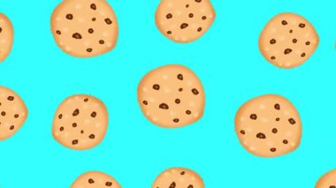 Mavi ekranda çikolatalı kurabiyeler dönüyor. Lezzetli yemek konseptiyle animasyon. Pişmiş gıdalarla 4K döngüsü.