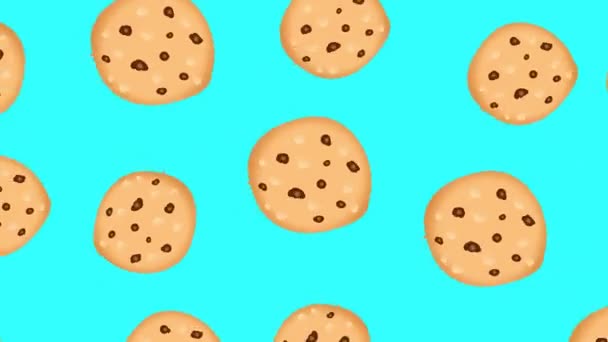青い画面で漫画チョコレートチップクッキーを回転させます おいしい食べ物のコンセプトによるアニメーション 焼き物と4Kバックグラウンド — ストック動画