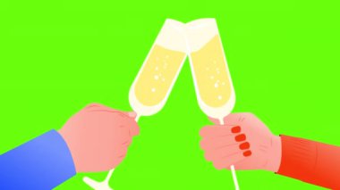 Bir adam ve bir kadın yeşil ekranda şampanya kadehlerini tokuşturuyor. Video geçişi için tost ile hisse senedi animasyonu. 4K 'da alfa kanallı şenlikli romantik animasyon.