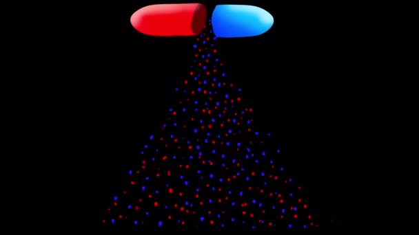 Uma Pílula Aberta Derrama Partículas Azuis Vermelhas Uma Tela Preta — Vídeo de Stock