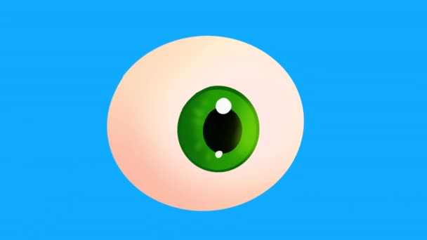 卡通3D眼球在蓝色屏幕上旋转绿色瞳孔 通道的4K视觉器官的库存动画 — 图库视频影像