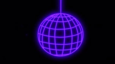 Siyah ekranda mavi neon disko topu. 4K 'da alfa kanallı ağ asılı küre. Küre kavramı, disko, yeni yıl oyuncağı. Çelenk ile hisse senedi canlandırması.